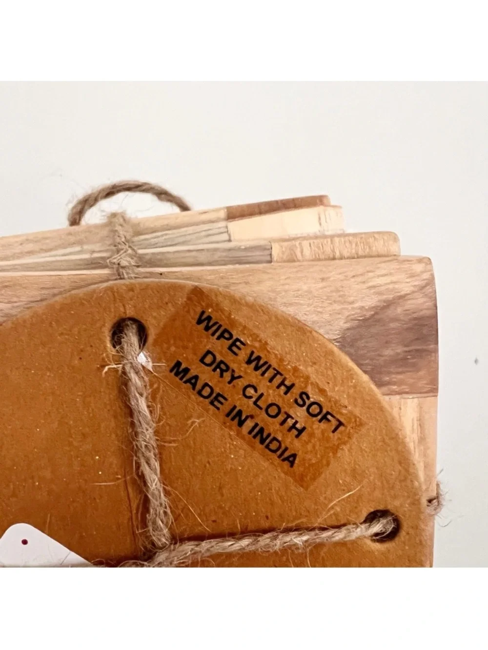 Marble and Wooden Drink Coasters Four Piece Set with Jute Tie - White and Brown